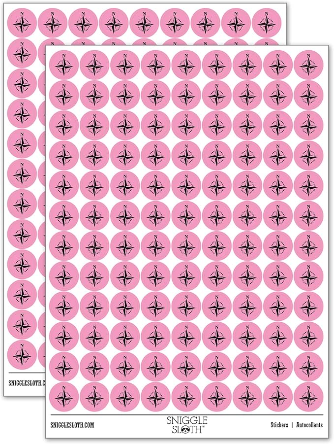 Compass Rose Nautical Star Navigation Map 200+ Round Stickers - Matte Finish - 0.50" Size - Light Pink