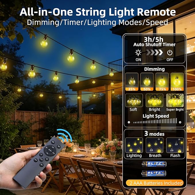 33FT Solar Lights Outdoor Waterproof: G40 10M Shatterproof Bulbs Patio Lights - Solar Powered Remote Control 3 Light Modes Dimmable Solar Light - Camping Backyard Garden Deck Outside Yard