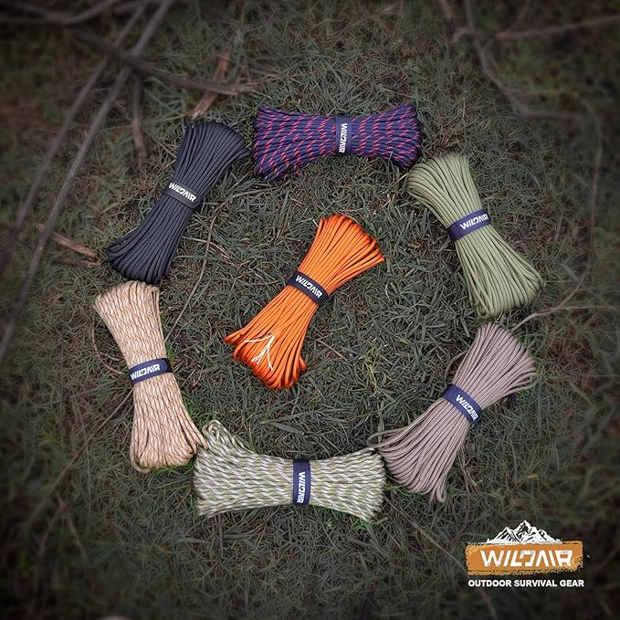 WILDAIR Paracord Survival Paracord Parachute Fire Cord Survival Ropes 4-in-1 U.S. Military Type III with Integrated Fishing Line Fire-Starter Tinder