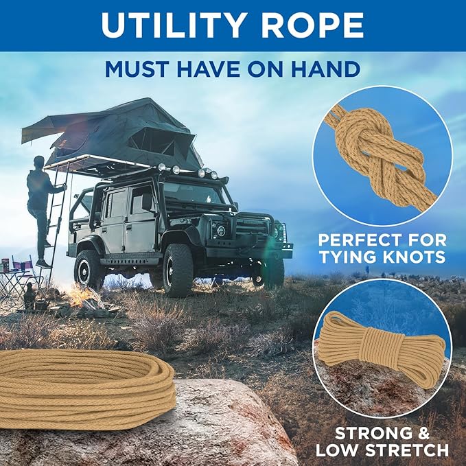 TECEUM Cotton Rope 3/16” (5 mm) – 50 FT – Strong All-Purpose Braided Rope – Natural Cotton – for Crafting, Сamping, Clothes Line, DIY, Indoor & Outdoor Use – Cappuchino
