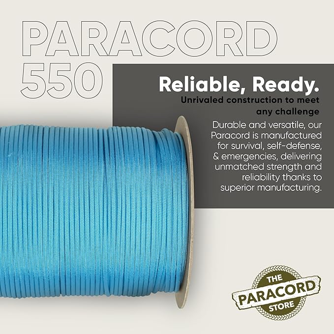 The Paracord Store | Type III 550 Paracord - 250 FT Spool, Baby Blue | Heavy Duty 7 Strand Tactical Paracord - USA Made Nylon Outdoor Parachute Cord for Camping, Fishing & More - Survival Cord
