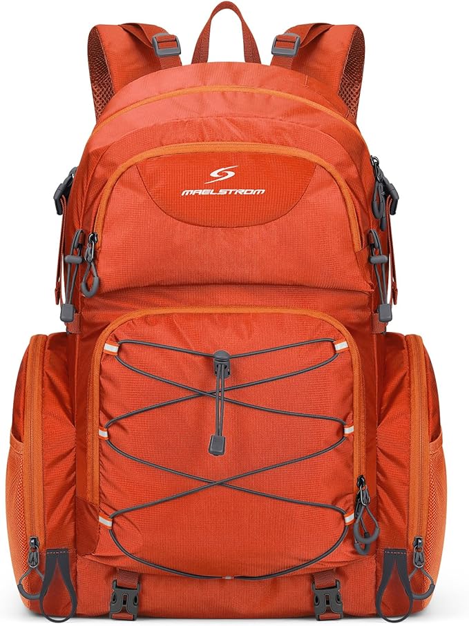 Maelstrom Hiking Backpack, 40L Waterproof Camping Daypack for Men and Women, Lightweight Travel Pack with Rain Cover (Orange)