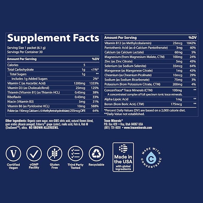 Trace Minerals | Power Pak Electrolyte Powder Packets | 1200 mg Vitamin C, Zinc, Magnesium | Boost Immunity, Hydration and Natural Energy | Pomegranate Blueberry | 30 Packets