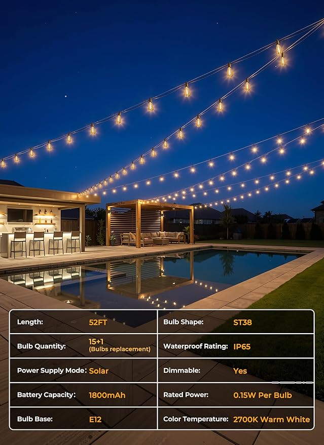 Brightown 108FT Solar String Lights Outdoor Waterproof, Patio Lights with Remote and 50+2 LED Shatterproof Bulbs, Dimmable & Timable, 3 Light Modes, Solar Lights Outdoor for Yard Garden Camping Party