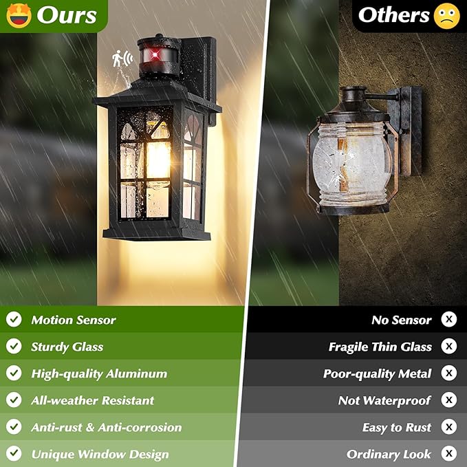 Motion Sensor Outdoor Light Fixture, Dusk to Dawn Porch Light Outdoor Wall Sconce Lantern, Aluminum Exterior Lighting Fixture Wall Mount, 3 Lighting Modes Outside Lights for House Front Door Garage