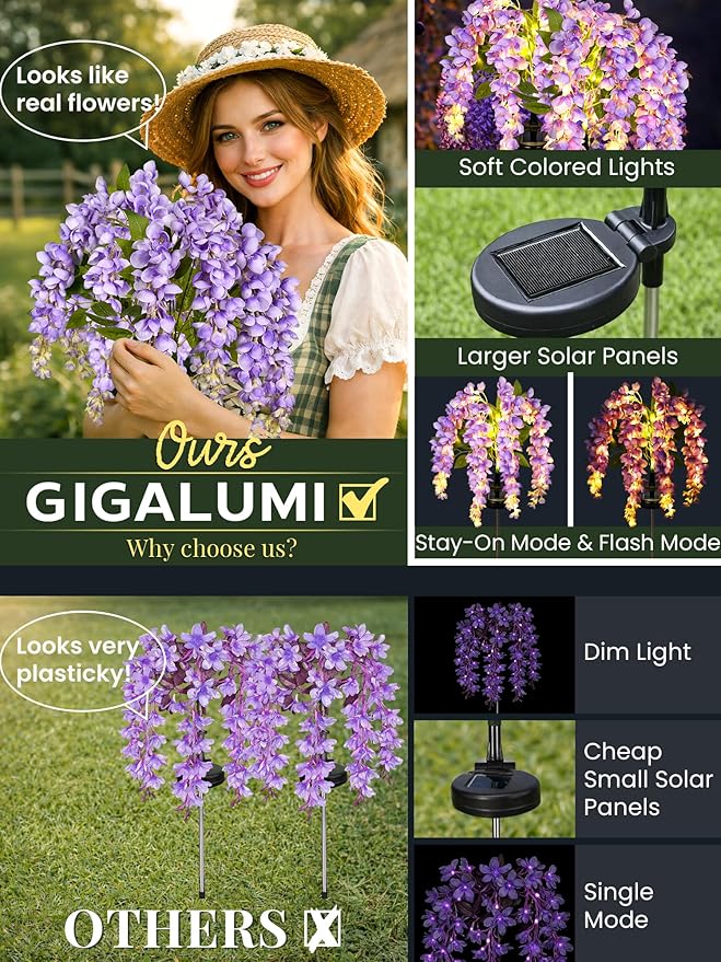 GIGALUMI Solar Lights Outdoor for Garden Decor, 3 Pack Solar Flower Lights Waterproof, 2 Lighting Modes Wisteria for Pathway,Yard, Patio Decoration, Gardening Gifts for Women (Purple)