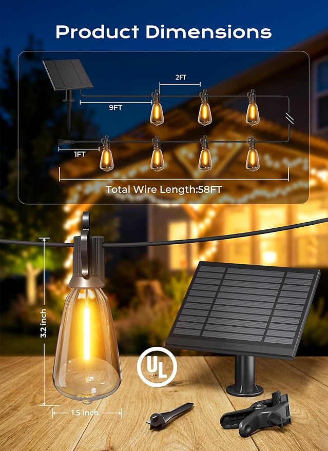 Brightown 58FT Solar String Lights Outdoor Waterproof, Patio Lights with Remote and 25+1 LED Shatterproof Bulbs, Dimmable & Timable, 3 Light Modes, Solar Lights Outdoor for Yard Camping Party Outside