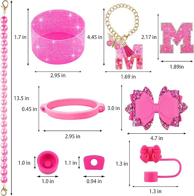 9PCS Hot Pink for Stanley Cup Accessories Set Bling Initials Bow Charms for Stanley Decorations 30/40 Oz Tumbler Accessories Including Bow Straw Topper, Handle Strap, Spill Stopper（Letter M）