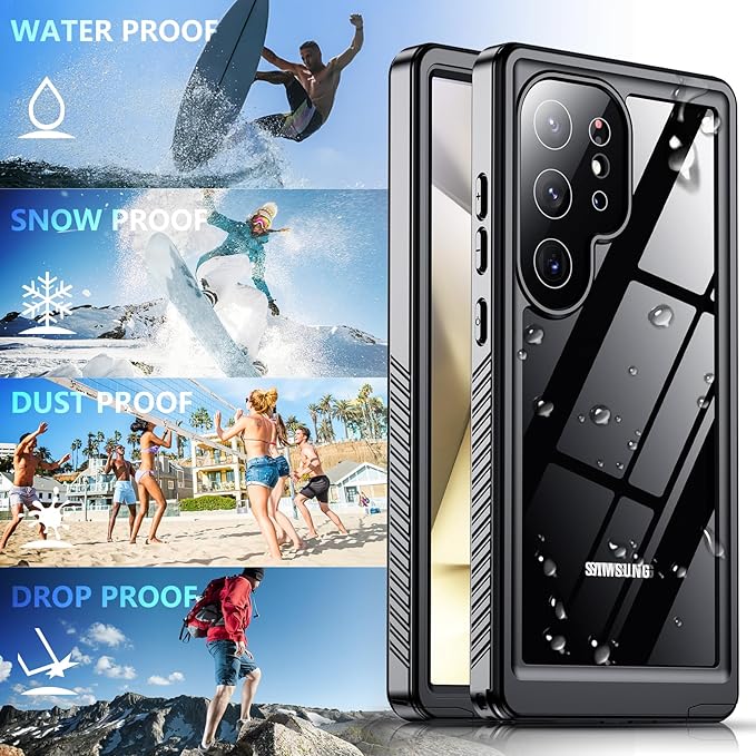 SPIDERCASE Upgraded for Samsung Galaxy S24 Ultra Case Waterproof,Built-in Screen & Camera Lens Protector[IP68 Underwater] [Military Grade Shockproof] Full Body Protection Phone Case,Black/Clear