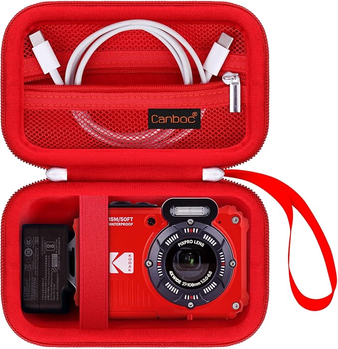Canboc Carrying Case for Kodak PIXPRO WPZ2 Rugged Waterproof Digital Camera, Underwater Photography Camera Bag, Mesh Pocket fits USB Cable, Battery, Adapter, Red (Case Only)