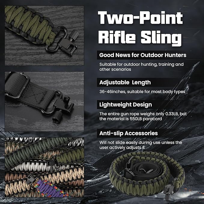 Double Braide 550LB Shotgun Sling 2 Point Paracord Rifle Sling,Non-Slip Traditional Adjustable Gun Sling for Hunting Shooting Camping