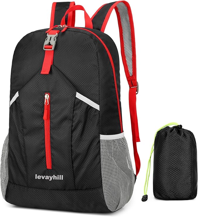 levayhill 25L Foldable Hiking Backpack Lightweight Packable Basic-Daypack Collapsible Bag Water-Resistant Travel Men Women Camping Cycling Outdoor (Black)