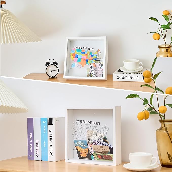 Where I've Been US Map Wooden Shadow Box Frame Wall Decoration, Travel Adventure Archive Box Tickets , 50 States Travel USA Map Tracker (White 10.6” x 10.6”)