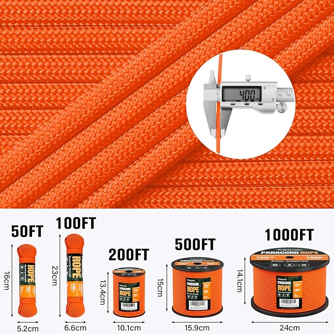 Paracord Rope 750 lb - 200ft 5/32" Parachute Cord 4MM 12-Strand para Cord - Heavy Duty Spool String for Survival,Camping Gear, Survival Bracelet, Clothesline - Orange