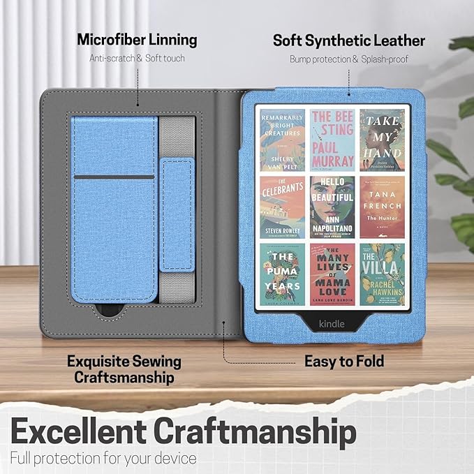 TNP Stand Case with Strap for Kindle Paperwhite 12th Gen 2024 / Kindle Colorsoft Signature Edition - 7" PU Leather Protective Folio Cover with Auto Wake/Sleep & Card Slot, Denim Blue