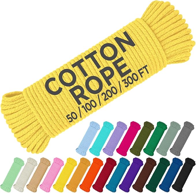TECEUM Cotton Rope 3/16” (5 mm) – 100 FT – Strong All-Purpose Braided Rope – Natural Cotton – for Crafting, Сamping, Clothes Line, DIY, Indoor & Outdoor Use – Yellow