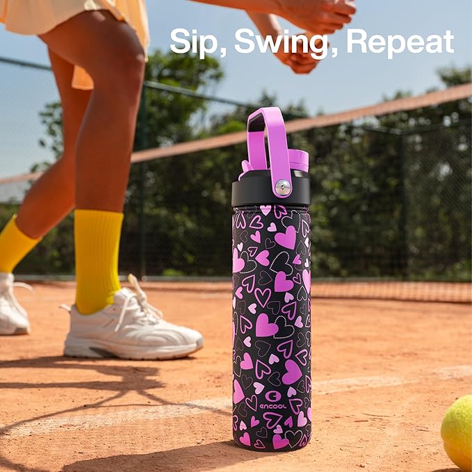 ENCOOL Valentine's Day Insulated Water Bottle with Straw Stainless Steel Water Bottle, Leak-Proof, BPA-Free, Keeps Cold for 24 Hours for Sports, Travel, School (26 oz, Sweet Hearts Violet x Black)