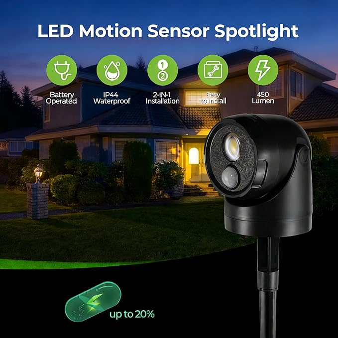 Large 2-in-1 LED Motion Sensor Outdoor Spotlight, IP44 Waterproof 450 LM Battery Operated Landscape Light,Flood Light, Adjustable Wall Light for Yard, Garden, House (2 Pack)