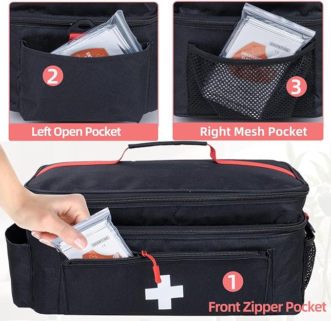 ALSLEA First Aid Bag Empty Large Medical Bag with Shoulder Strap 16”x 9.5” x 7” Medicine Organizer Travel First Aid kit Emergency Supplies Storage Bag for Car, Home, Office, Outdoor (Black)