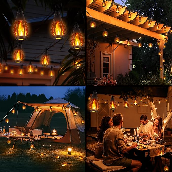 iBaycon Solar Flame Lights, 27Ft 10 LED Bulbs Flickering Flame String Light, Outdoor Waterproof Solar Flame Lights for Garden Yard Lawn Patio Decorations (Warm White)