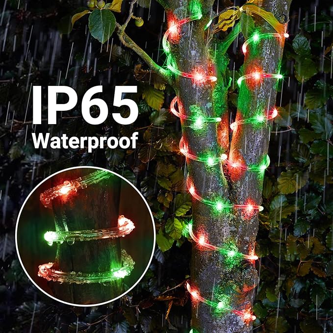 Solar Rope Lights, 66ft 200LED Solar String Lights, 8 Modes Waterproof Solar Powered Outdoor Light, Flexible Clear Tube Light for Garden Backyard Patio Deck Porch Pool Tree Christmas Decor - Red&Green