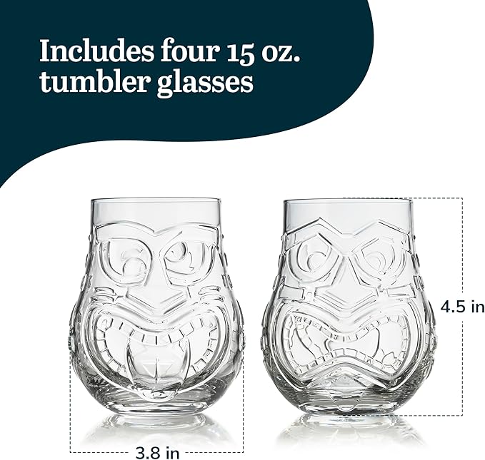 Libbey Tiki Split Glass Tumbler Set, Vintage-Style Quirky Drinking Glasses Set of 4, Exotic, Tall Drinking Glass Cups for Backyard Luau or Pool Party
