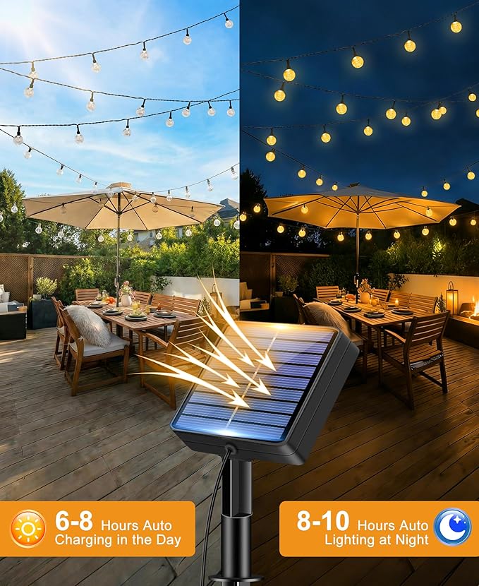 btfarm 2 Pack Solar String Lights Outdoor Waterproof, Total 98 FT 100 LED Solar Powered Patio Light, 8 Lighting Modes Crystal Globe Decorative for Garden Balcony Yard Porch Party, Warm White