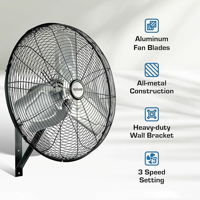 Hurricane 30" Pro Commercial Grade Oscillating Wall Mount Fan, Black - Heavy-Duty All-Metal Corded Electric Air Cooling Unit for Home, Garage, Greenhouse, or Workshop