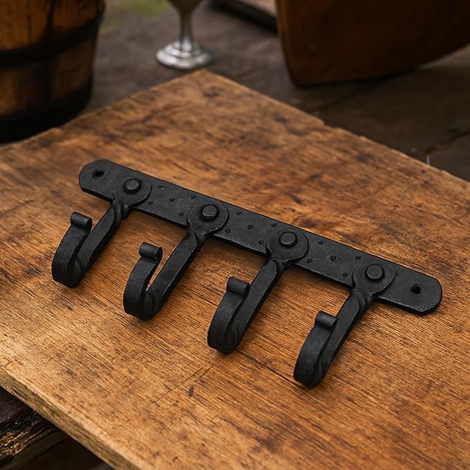 "Mystic Colonial Rustic Cast Iron Wall Mounted Coat Rack with 4 Blackened Hooks � Heavy Duty Vintage Utility Hanger for Entryway, Bathroom, Kitchen, Bag, Hat & Towel � Mounting Hardware Included"