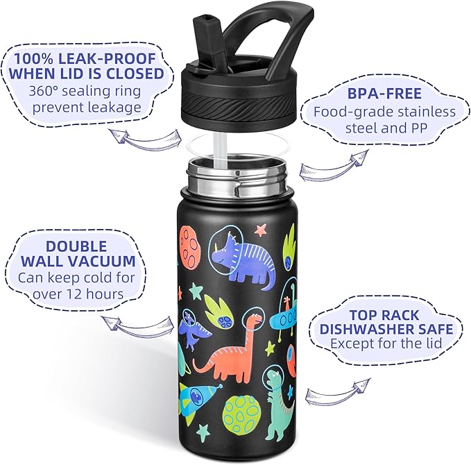 Fanhaw 18 Oz Kids Insulated Water Bottle with Straw - Stainless Steel Double Wall Vacuum Cup, Leakproof, BPA Free, Suitable for Boys and Girls(Black - Space Dinasour)