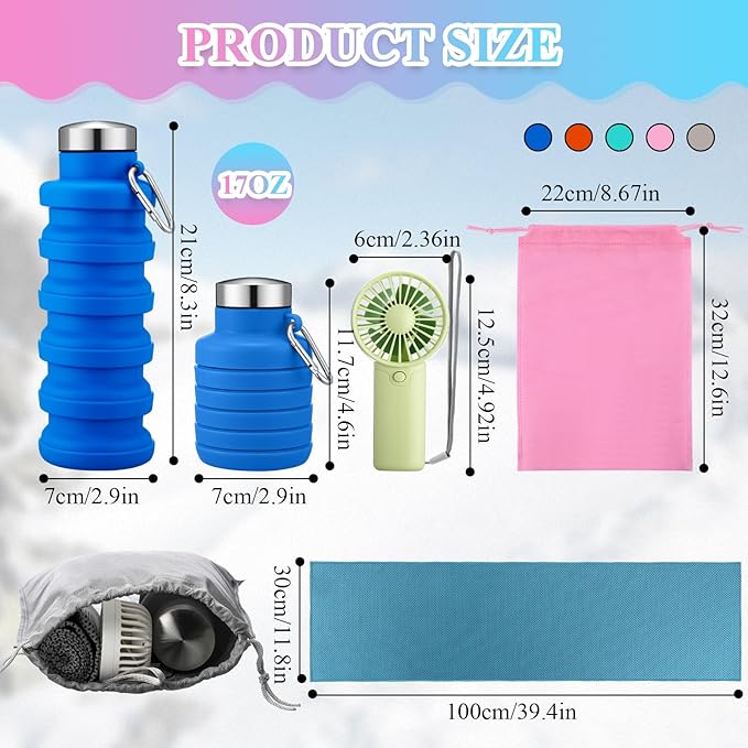 16 Set Theme Park Necessities Cruise Ship Accessory Kit Collapsible Water Bottle Cooling Towel Fan Drawstring Bag for Summer Amusement Park Outdoor Team Travel Cruise Gift Fitness Sport Favor