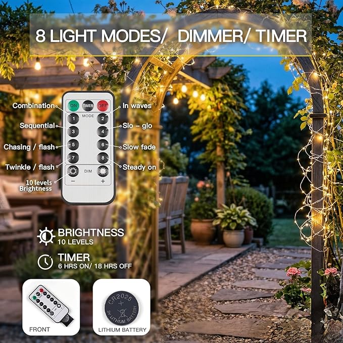 suddus Fairy Lights Battery Operated with Remote, 33ft 100 LED Dimmable Twinkle Lights with Timer, Waterproof Copper Wire String Lights for Bedroom, Christmas, Tree, Indoor Outdoor Decor (Warm White)
