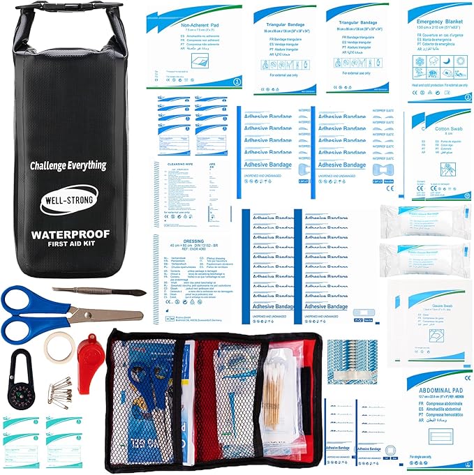 Boat First Aid Kit Waterproof, WELL-STRONG Marine Emergency Kit with Roll Top Dry Bag for Boating Fishing Kayaking – Water-Resistant Contents for Camping & Beach（Black）