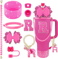 9PCS Hot Pink for Stanley Cup Accessories Set Bling Initials Bow Charms for Stanley Decorations 30/40 Oz Tumbler Accessories Including Bow Straw Topper, Handle Strap, Spill Stopper（Letter R）