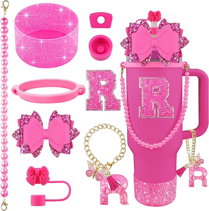9PCS Hot Pink for Stanley Cup Accessories Set Bling Initials Bow Charms for Stanley Decorations 30/40 Oz Tumbler Accessories Including Bow Straw Topper, Handle Strap, Spill Stopper（Letter R）
