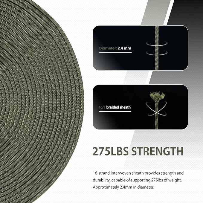 Abma Cord 2.4mm Paracord 275 100ft Nylon Rope 4 Strands Tactical Parachute Cord - Max. 275lbs - Army Green