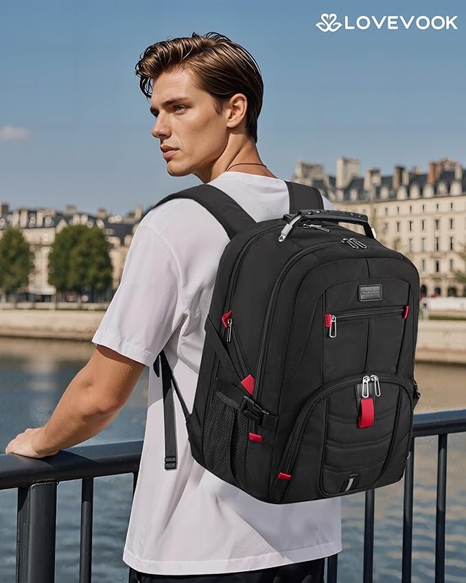 LOVEVOOK 17 Inch Laptop Backpack for Men Women, Waterproof Anti-Theft Travel Backpack with USB Charging Port & Lock Black
