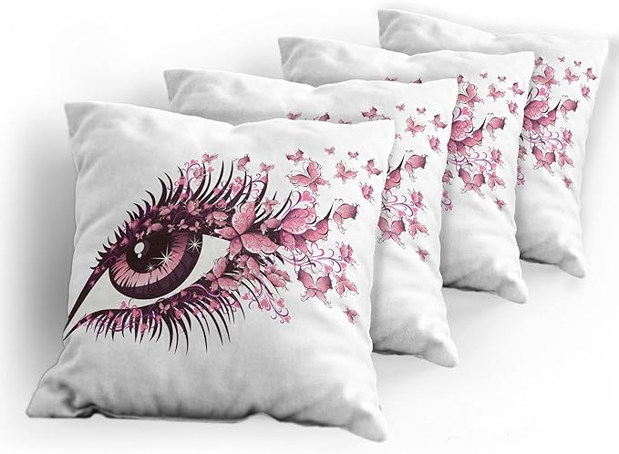Ambesonne Butterflies Throw Pillow Cushion Case Pack of 4, Female Eye Eyelashes Mascara Stare Party Makeup Animal Print, Modern Accent Double-Sided Digital Printing, 20", Pink White