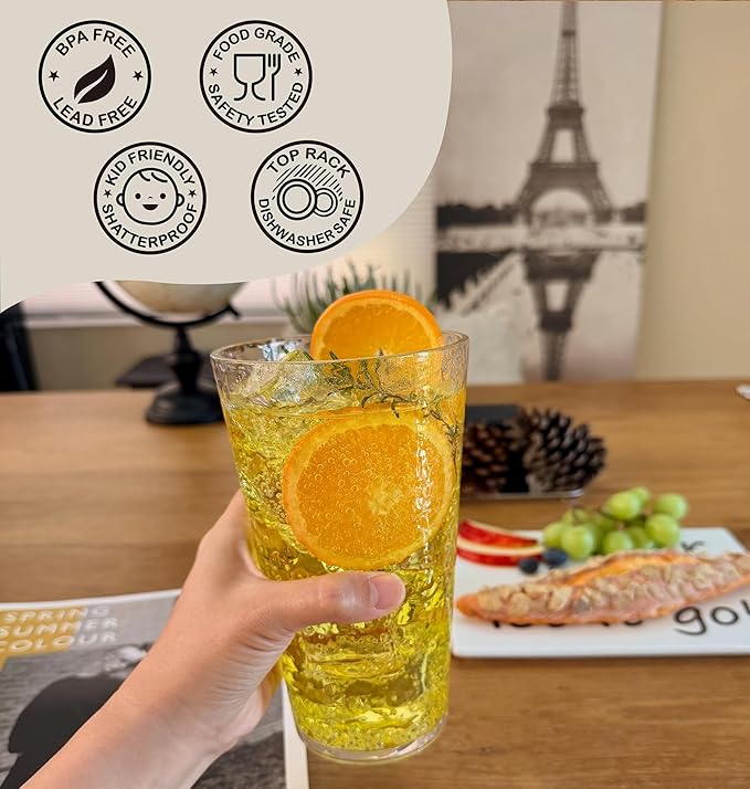 KLIFA- NICE- 29 ounce, Set of 6, Plastic Jumbo Drinking Glasses, Large Acrylic Iced Tea Cups, BPA-Free, Stackable Plastic Drinkware, Dishwasher Safe Highball, Clear