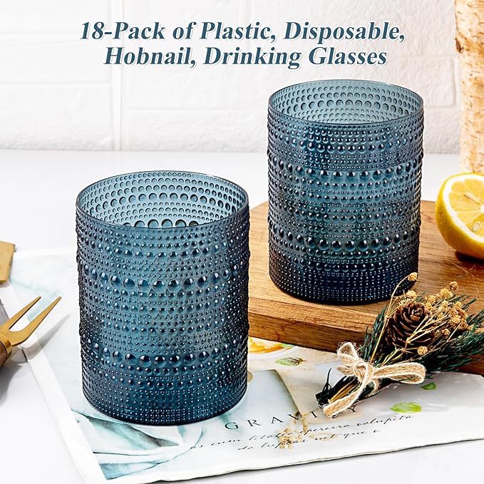 18PCS Hobnail Plastic Drinking Glasses - 14Oz Beaded Mixed Drinkware Sets Disposable - Blue Vintage Plastic Bubble Easter Glassware for Beer, Juice, Cocktail, Whiskey, and Various Mixed Drinks