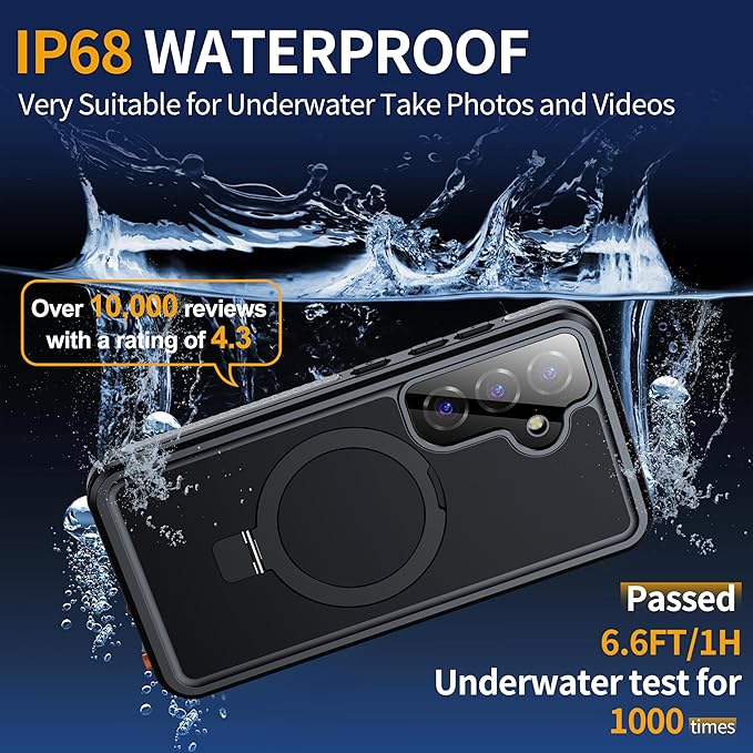 ANTSHARE IP68 Waterproof Case for Samsung Galaxy S25 [2025] - with Kickstand - MagSafe Compatible, Built-in Screen/Lens Protector - Shockproof Full Body Protection for Swimming/Outdoor, Black