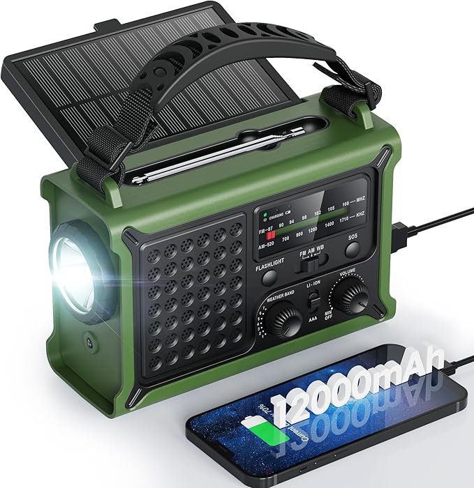 Raynic NOAA Weather Radio 12000mAh, Emergency Weather Radio with 2X Faster Solar & Hand Crank Charging, 5W Flashlight, Reading Lamp, Cell Phone Charger, SOS for Hurricane, Storm, Camping