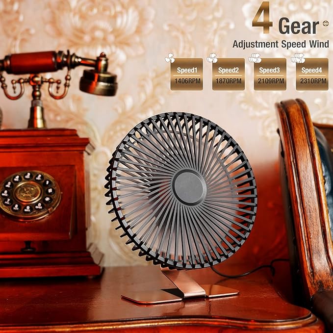 SLENPET 6 inch USB Small Desk Fan, 4 Speeds, Ultra-quiet, 90° Adjustment for Better Cooling, Portable Mini Powerful Desktop Table Fan, Mini Personal Fan for Home Office, Metal Base, Bronze