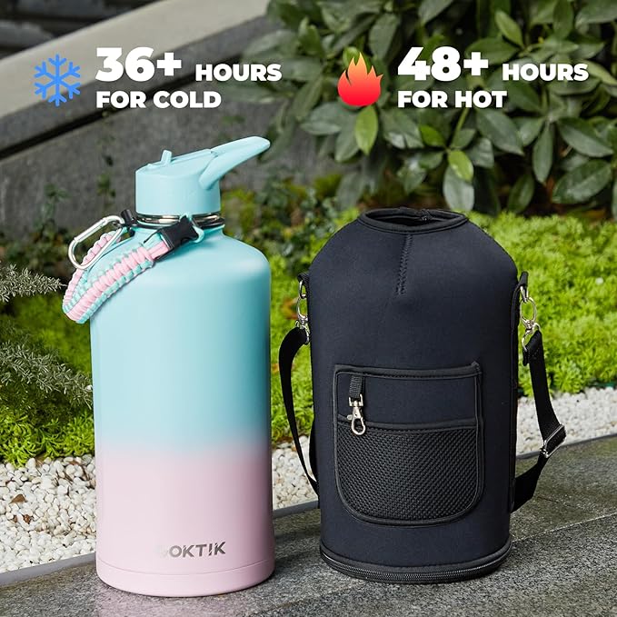 COKTIK 128oz Insulated Water Bottle - Stainless Steel Vacuum Metal, Portable 1 Gallon Large-Capacity Sports Bottle with Straw, Carry Bag and Handle Strap, Ideal for Gym & Hiking(Bubble Gum)