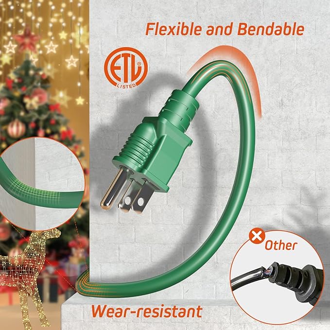 Eversimpleinc 1 to 4 Splitter Extension Cord (Combined 31 FT, End to End 13 FT), 3 Prong Plug with 4 Extended Outlets, with Weatherproof Covers for Indoor