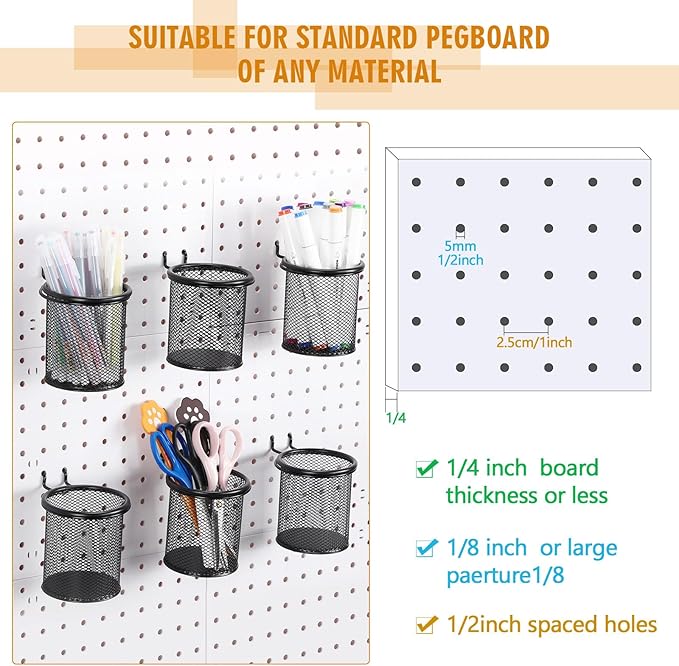 Spakon 6 Sets Pegboard Cups with Ring Hook, Peg Board Baskets Bin Holder Organizer Accessories Pegboard Pencil Cup Multipurpose Metal Pen Holder for Office Garage(Black,2.95x2.95x3.74'',Straight)