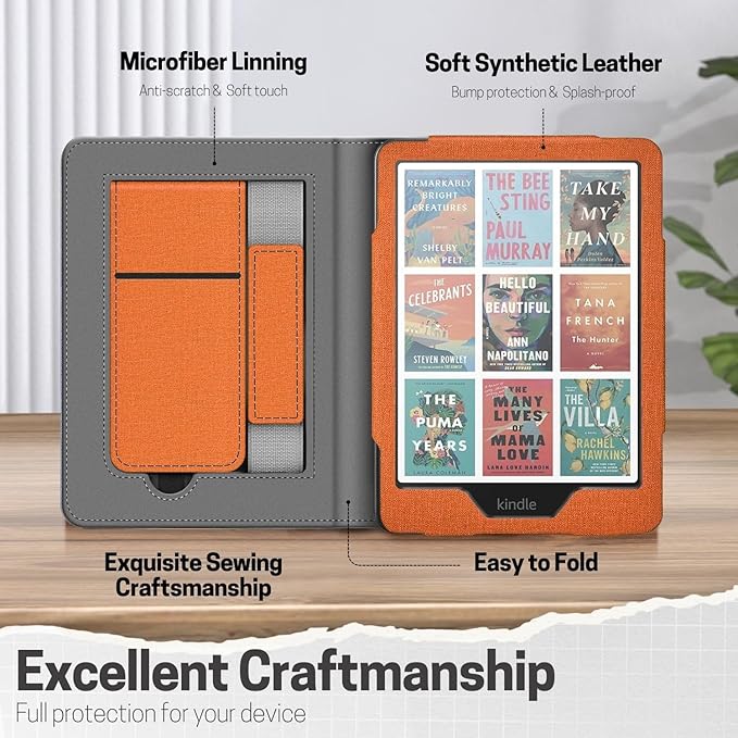 TNP Stand Case with Strap for Kindle Paperwhite 12th Gen 2024 / Kindle Colorsoft Signature Edition - 7" PU Leather Protective Folio Cover with Auto Wake/Sleep & Card Slot, Orange