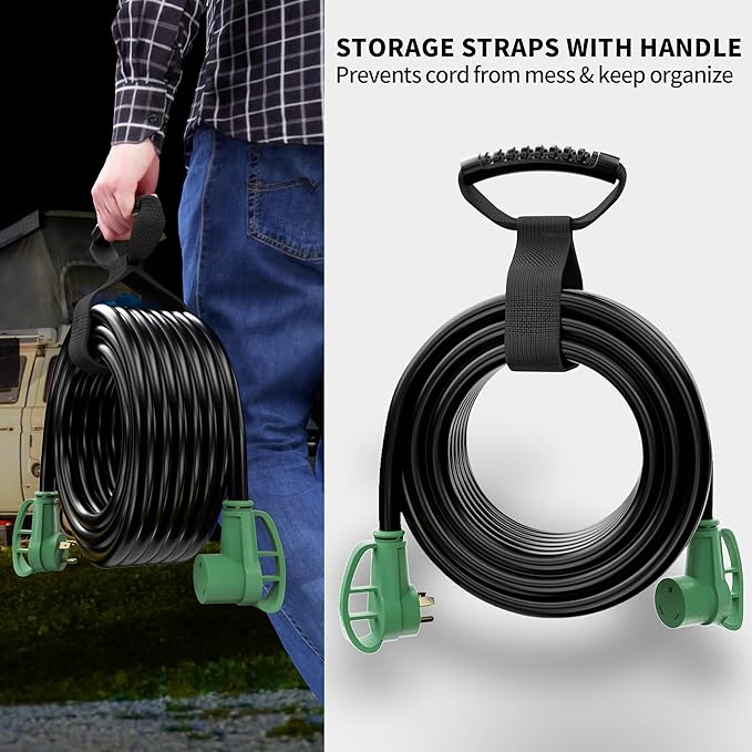 POWGRN 30 Amp RV Extension Cord 100 FT Outdoor with Grip Handle, Flexible Heavy Duty 10/3 Gauge STW 3 Prong RV Power Cord Waterproof, NEMA TT-30P to TT-30R, Black-Green, ETL Listed.