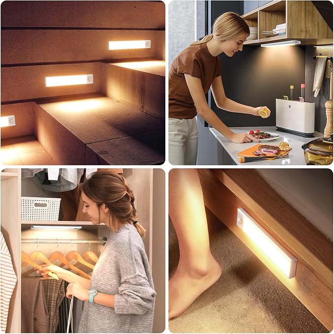 6 Pack Under Cabinet Lighting Wireless, 40 LED Rechargeable Battery Motion Sensor Light Indoor, Stick On Magnetic Closet Lights, Under Counter Lights for Kitchen, Stairs, Warm 10 in