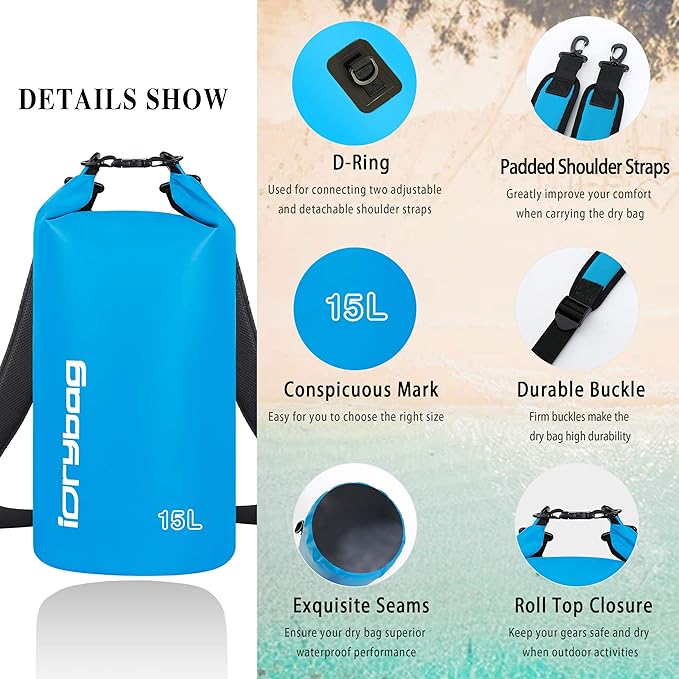 IDRYBAG Dry Bag for Kayaking Waterproof 2L/5L/10L/15L/20L, Small Dry Sack Waterproof Bag for Boating